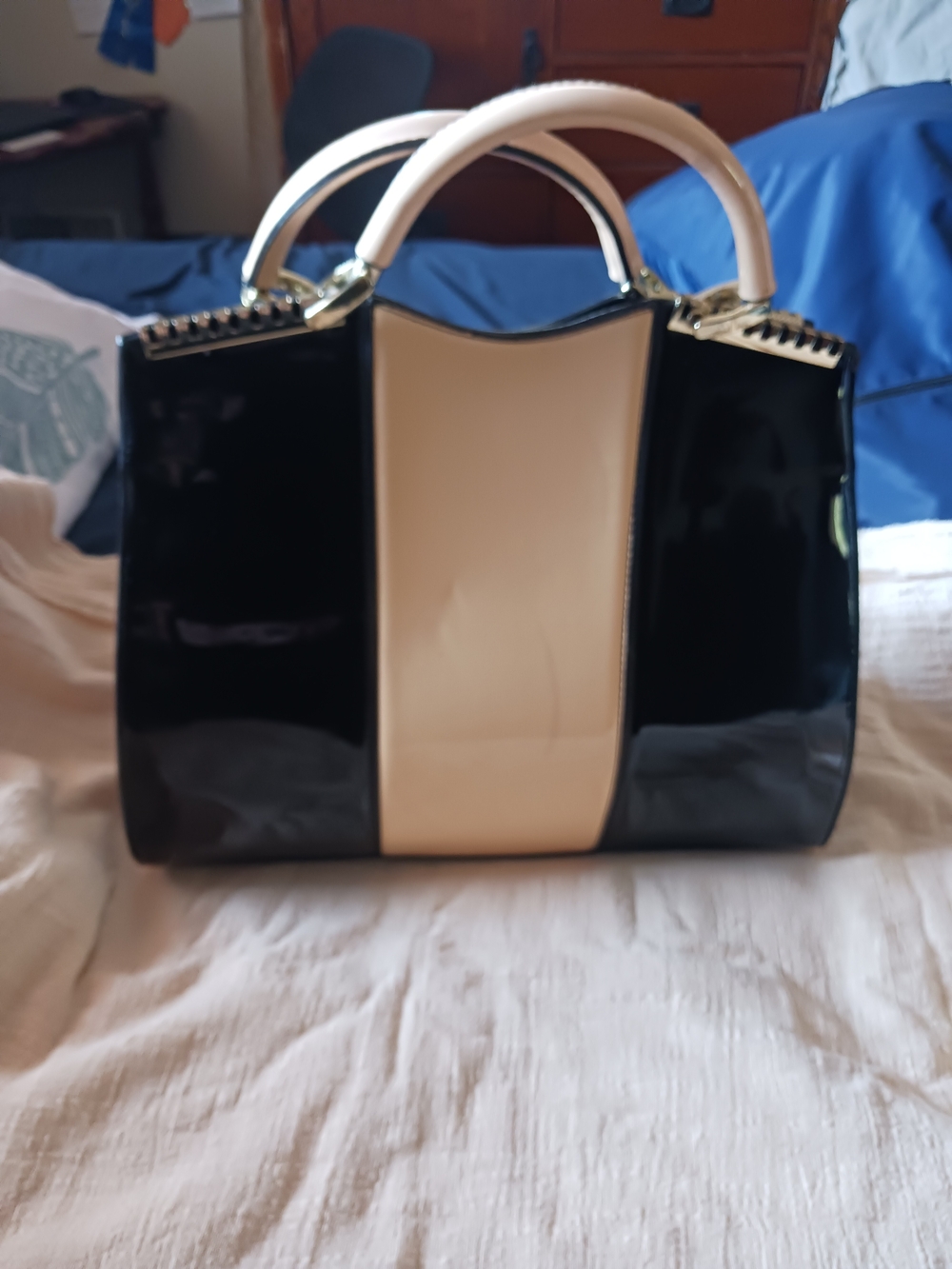 Classic Two-Tone Patent Tote Bag - Black & Cream